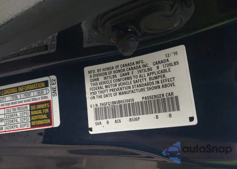 2011 Honda Civic Ex z USA, uszkodzony, nr VIN 2HGFG1B85BH510410